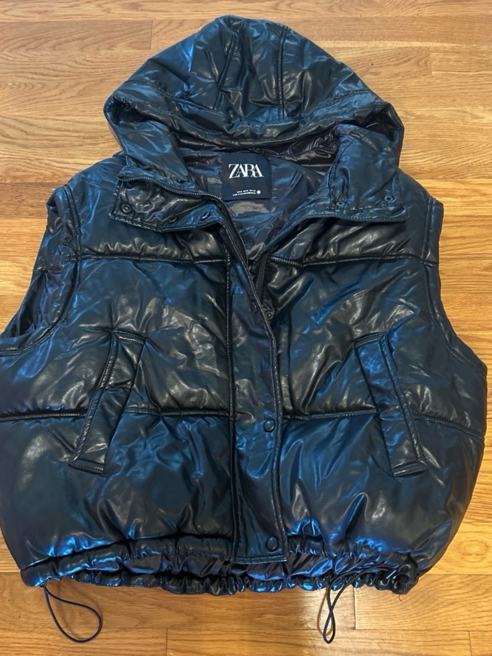 Zara Women's Faux Leather Black Puffer Hooded Vest